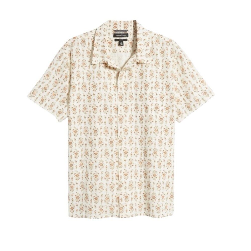 NWT Treasure & Bond Trim Fit Floral Medallion Cotton/Linen Camp Shirt Ivory XXL
